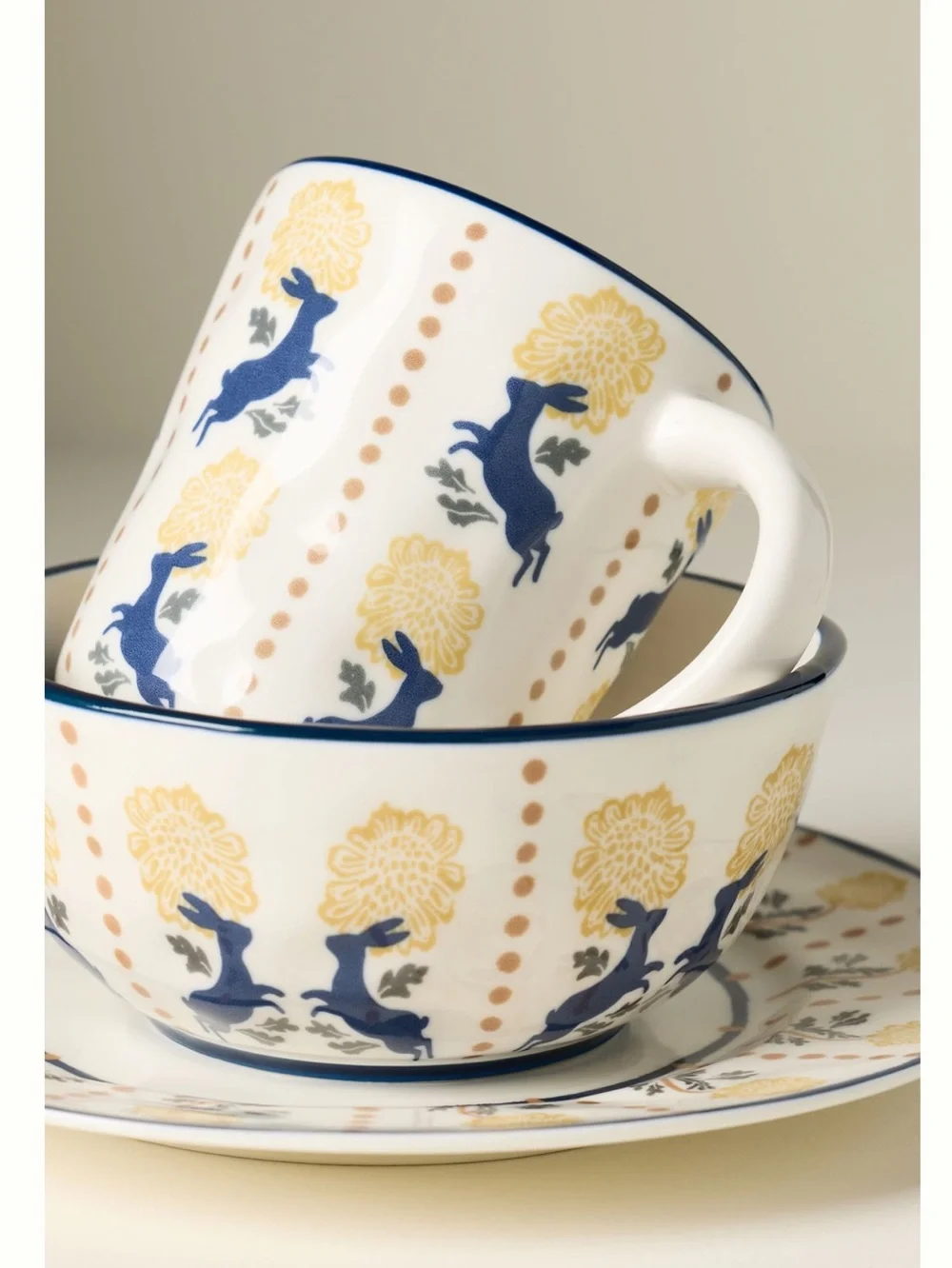 Anthropologie Bunny Stoneware Bowl Millie Yogurt New Rustic Blue Yellow Set of 4